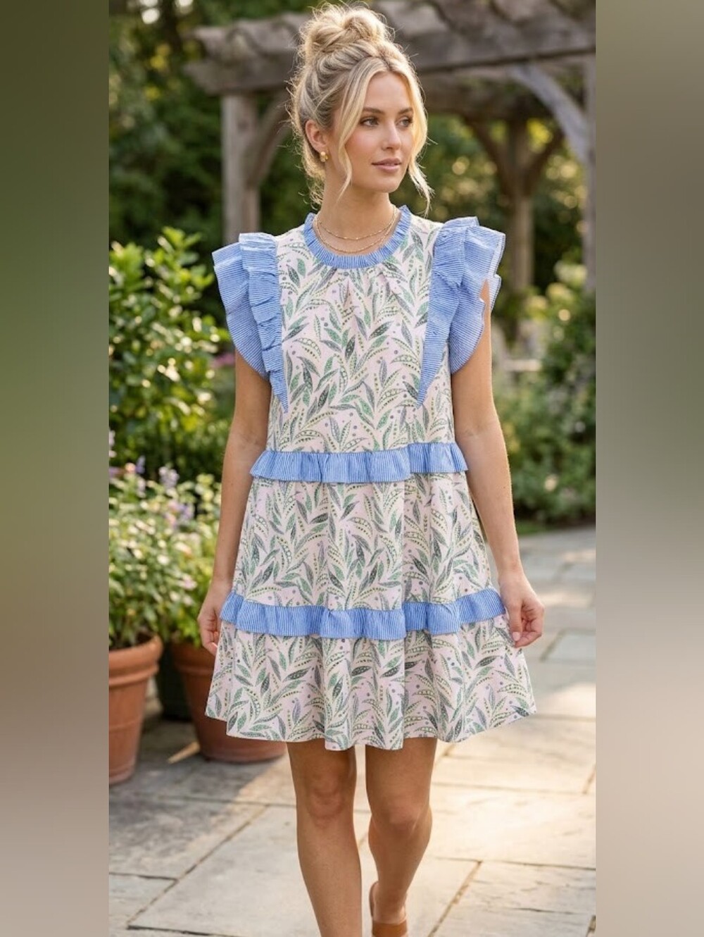 THML Cream Floral Mini Dress with Light Blue Ruffle Trim